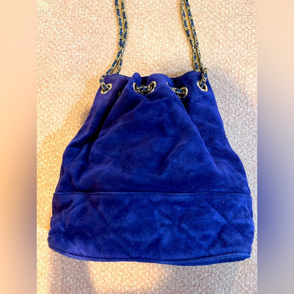 Vintage Suede Quilted Bucket Bag with Double Gold Chain Straps - Royal Purple